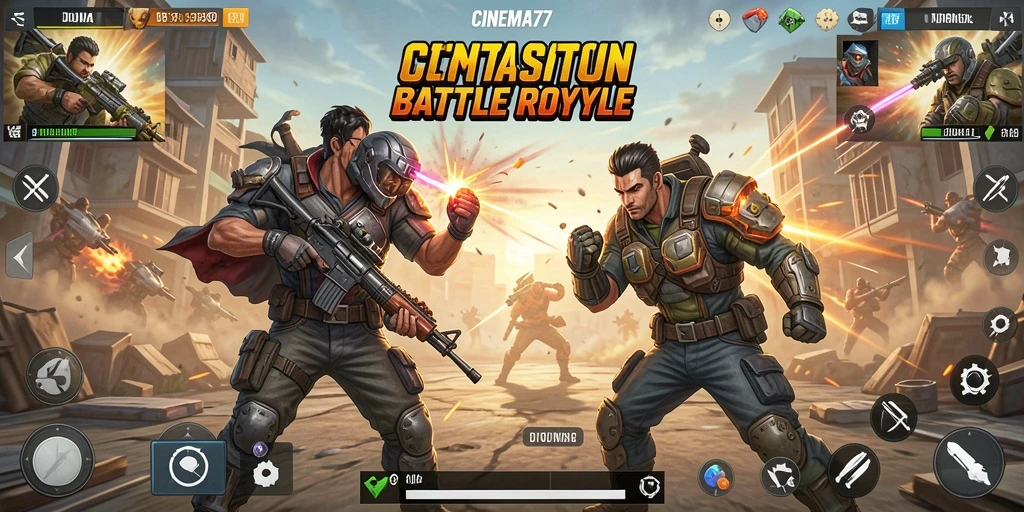 Screenshot utama CINEMA77 menampilkan aksi pertarungan mendebarkan di arena Battle Royale.