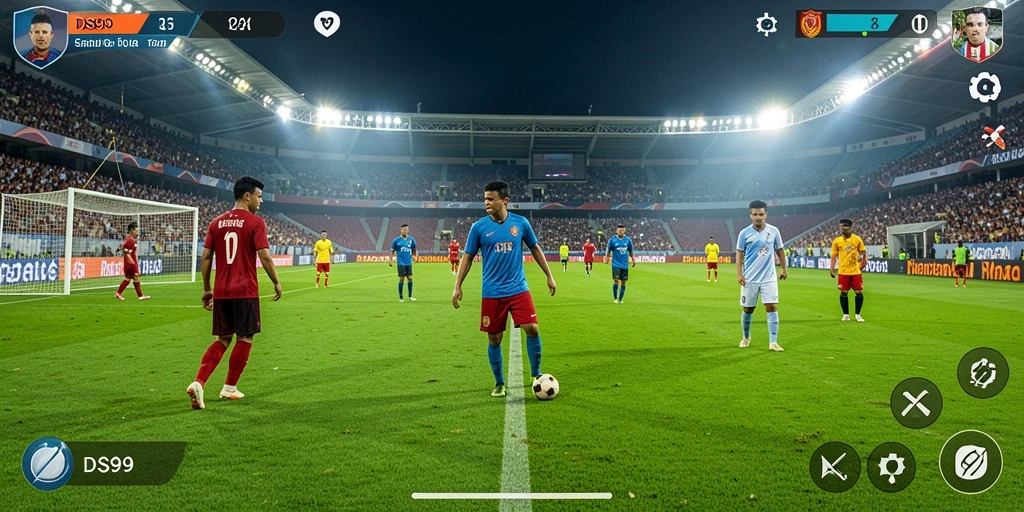 Screenshot dari gameplay DS99 yang menyajikan aksi sepak bola yang mendebarkan.