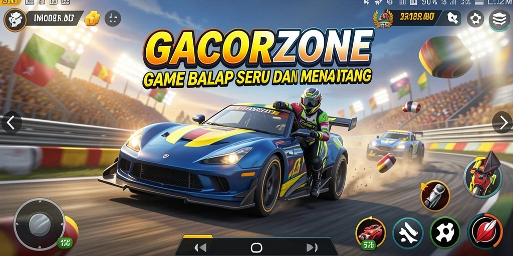 Screenshot GACORZONE menampilkan aksi balap seru dengan mobil cepat.
