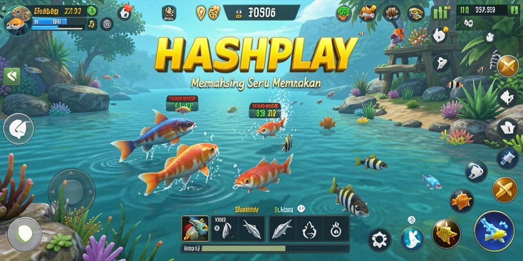 Screenshot utama HASHPLAY yang menunjukkan gameplay memancing yang seru.