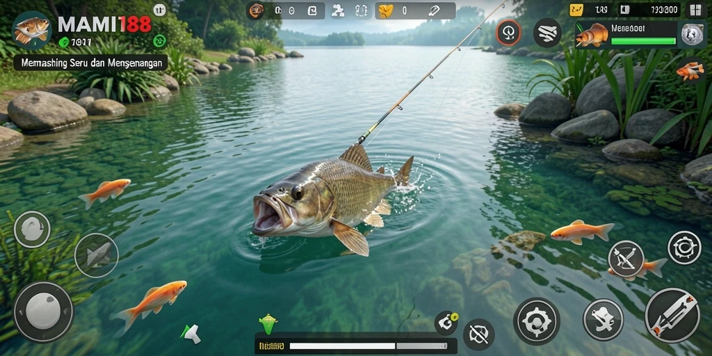 Screenshot gameplay MAMI188 menampilkan aksi memancing yang mendebarkan.