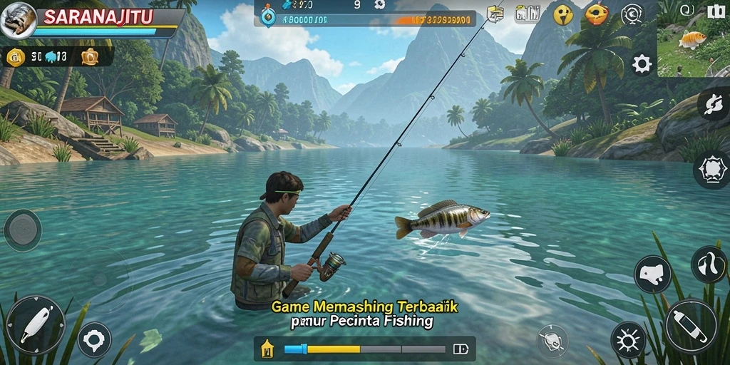 Screenshot gameplay SARANAJITU menampilkan aktivitas memancing yang seru.