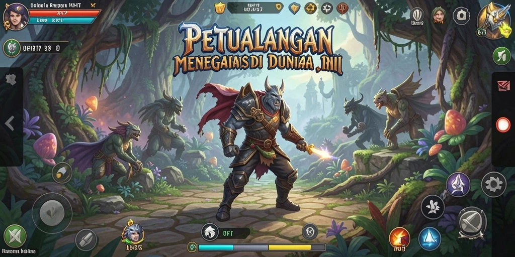 Screenshot UH77 menampilkan karakter utama menjelajahi hutan fantasi yang rimbun.